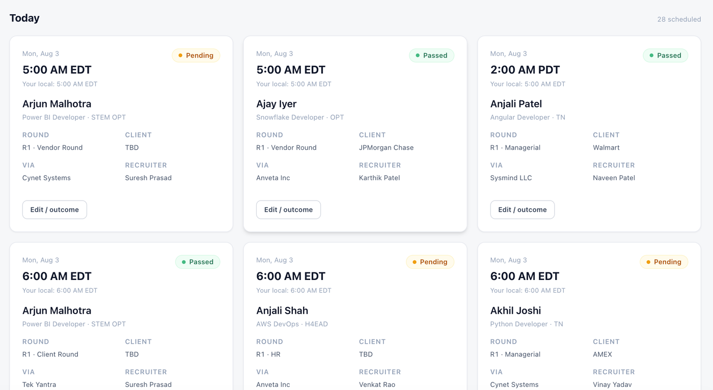 Placemora interview board showing today's rounds, outcomes, and pending feedback